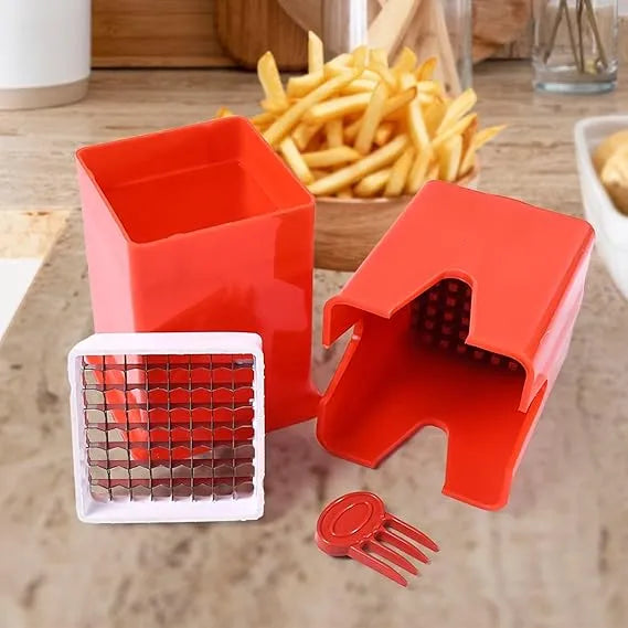 Red French fries potato chip cutter set with pressing handle, grid insert, and keys