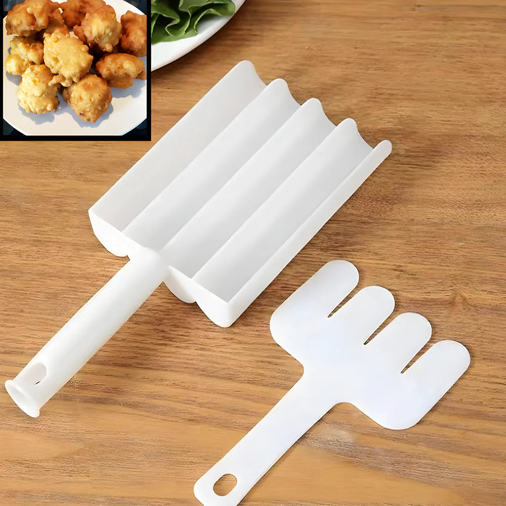 White fritters maker scoop and press, dual-sided tool with handle and prongs