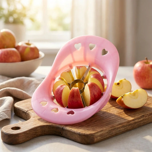 Pink fruit cutter slicer with circular blades and apple slices inside