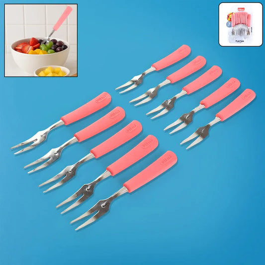Set of 10 fruit forks with pink handles and four-tine stainless prongs