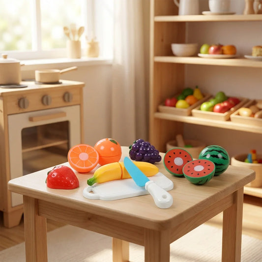 Fruit sliceable toy set with colorful plastic fruit slices on a wooden play table