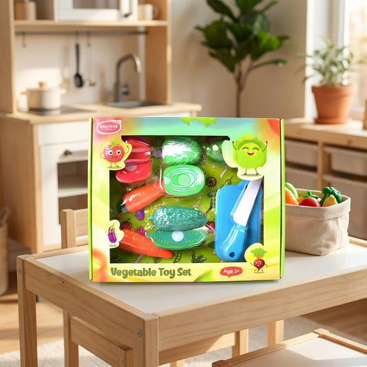 Fruit and veggie toy set box with colorful plastic vegetables and pretend play pieces