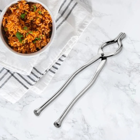 Stainless steel tongs with curved ends and long twin handles