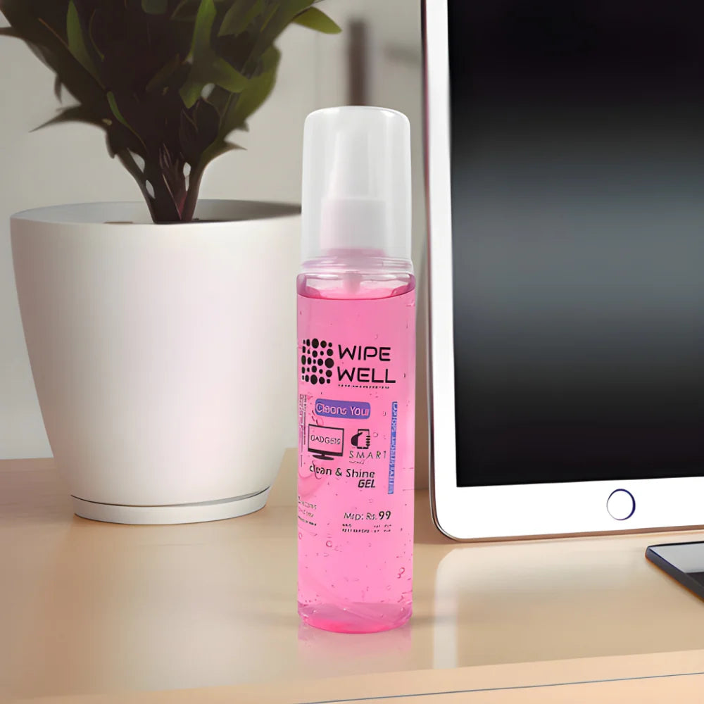 Pink screen cleaning gel bottle with clear cap