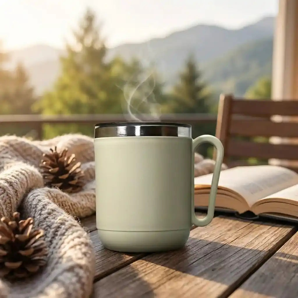 Cream insulated coffee mug with black lid and metal rim, curved handle, steaming.