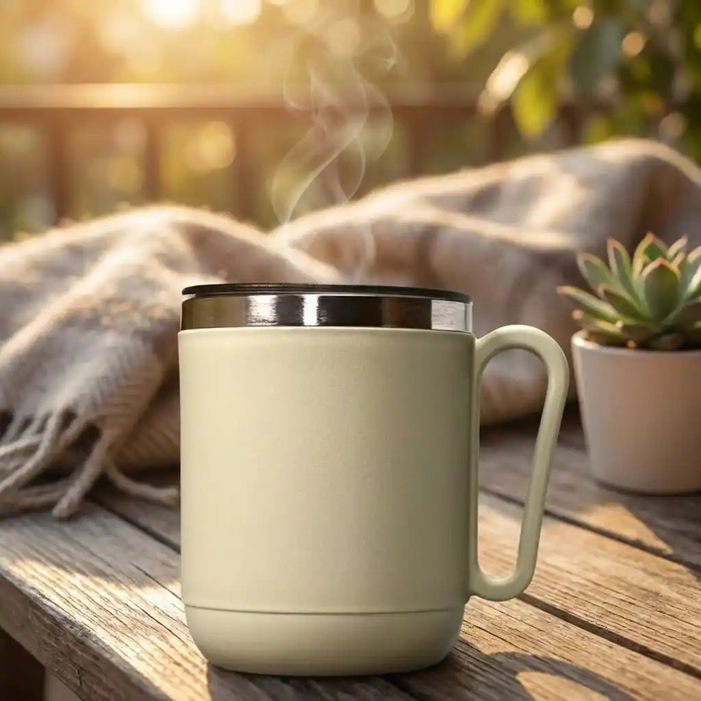 Cream coffee mug with black lid and metal rim, curved handle, steaming.