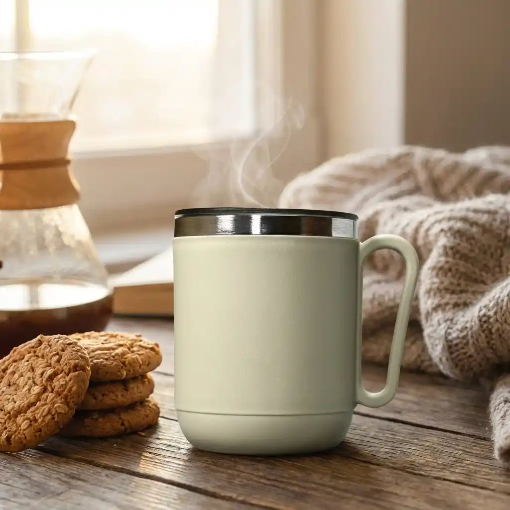 Cream insulated coffee mug with black lid and metal rim, handle, steaming.