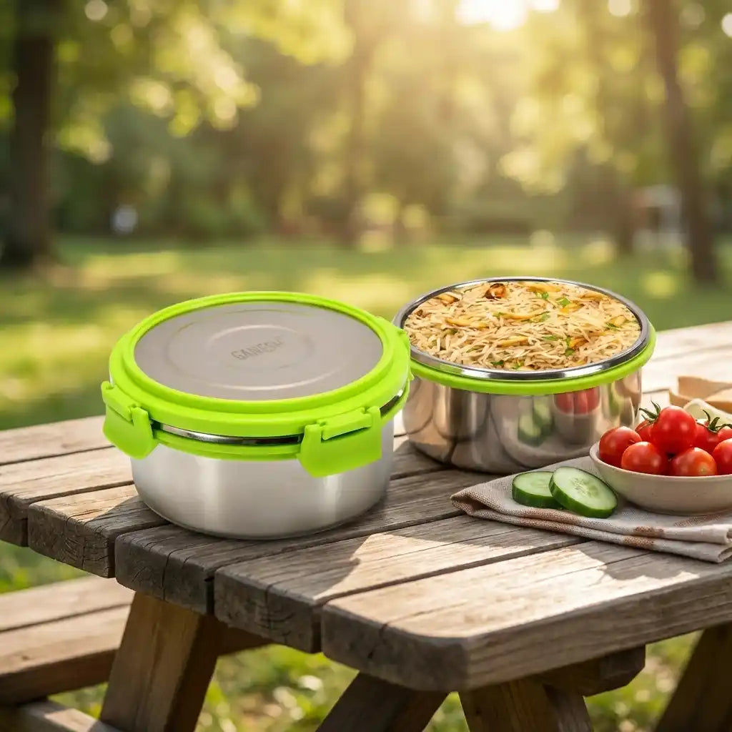 Open round stainless-steel lunch box with green lid, serving noodles and vegetables.