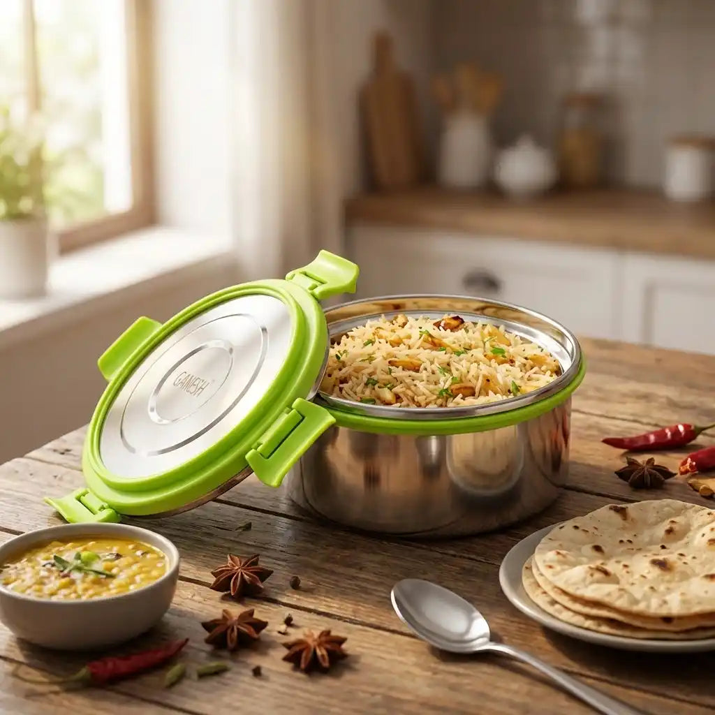 Open round stainless-steel lunch box with green lid on countertop, with meal compartments.