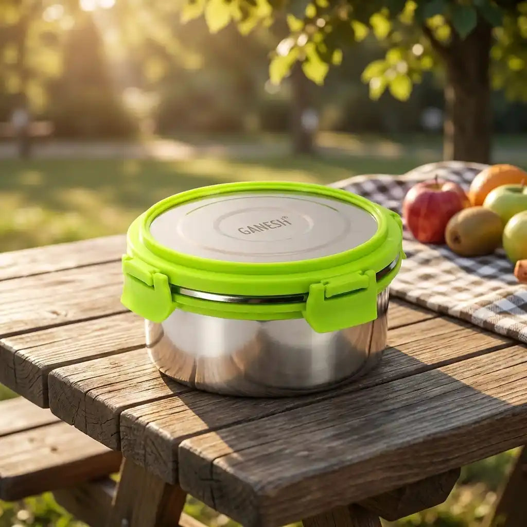 Green round lunch box with hinged lid and stainless-steel body, closed.