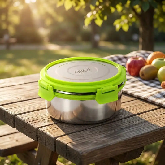 Green round lunch box with hinged lid and stainless-steel body, closed.
