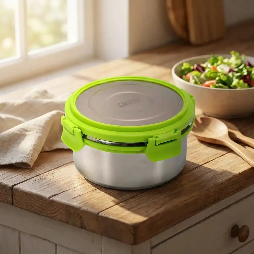 Round stainless-steel lunch box with green hinged lid, closed on wooden surface.
