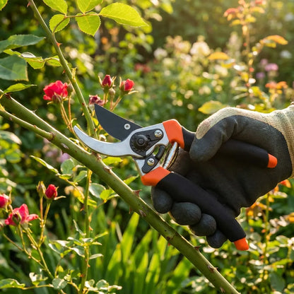 Garden pruners held near blossoms, orange-and-black handles and silver cutting blade
