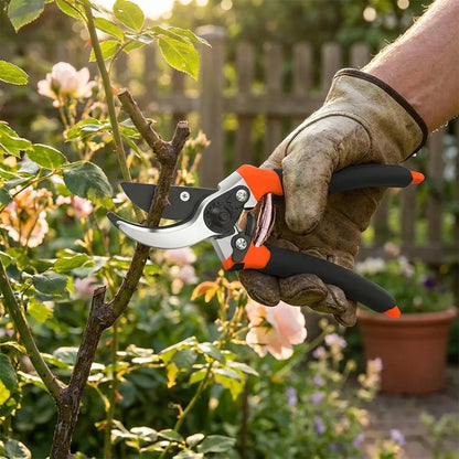 Garden pruners held in gloved hand, orange handle and black grips, silver blade