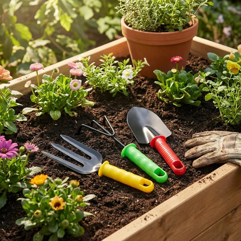 Garden tool kit with trowel and hand cultivator, lying on soil in planter