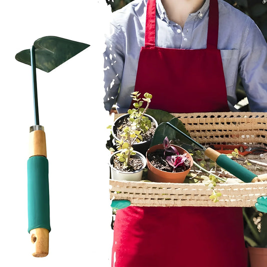 Gardening hoe tool with green handle and wooden grip, flat metal blade
