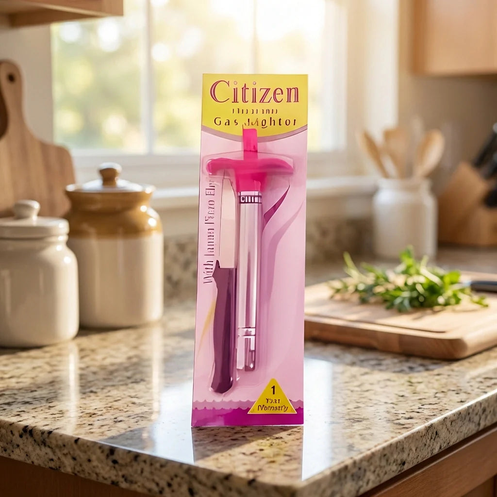Blister-pack gas lighter and knife set, pink card with clear plastic cover