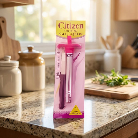Blister-pack gas lighter and knife set, pink card with clear plastic cover
