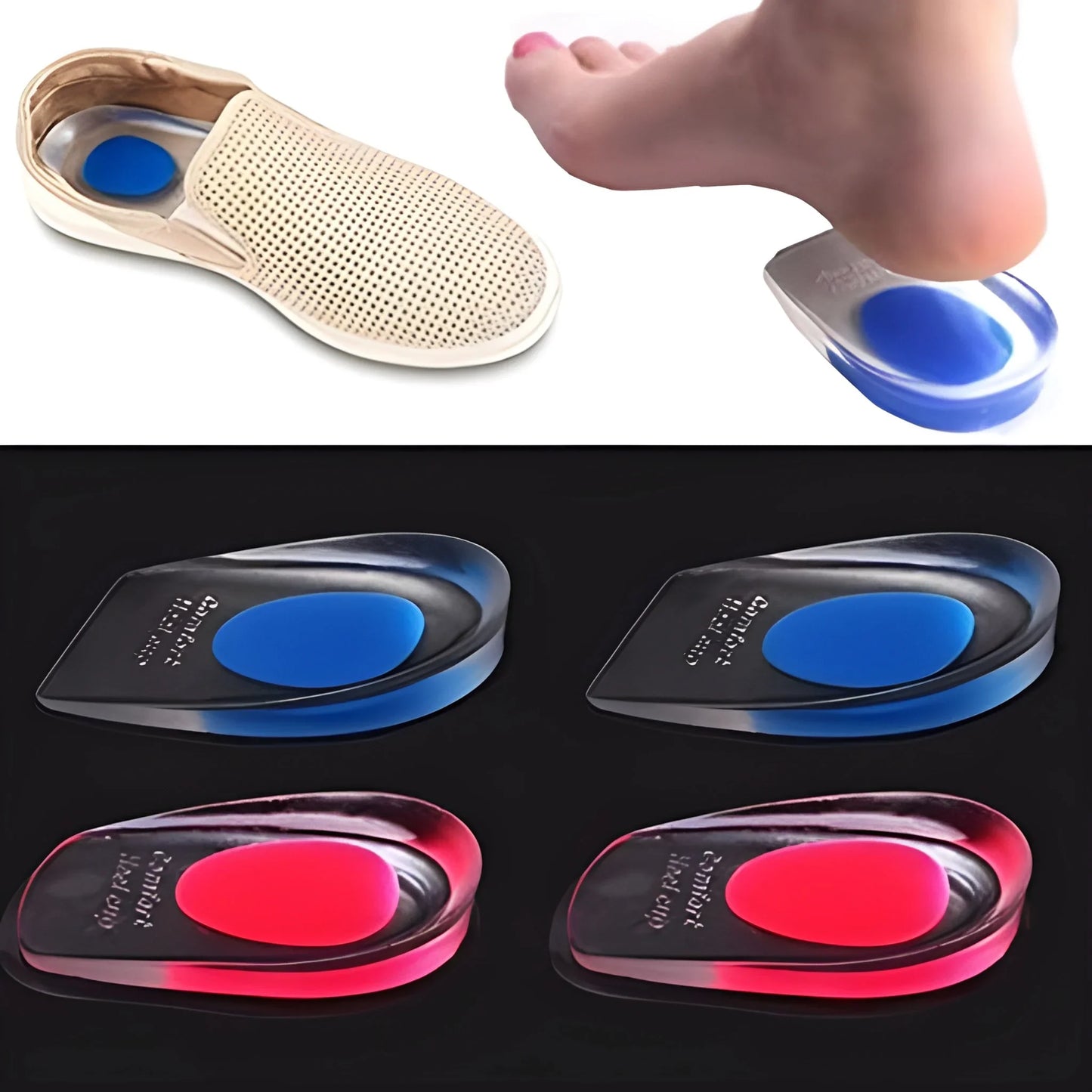 Silicone gel heel cup pad with blue gel insert, contoured for heel cushioning