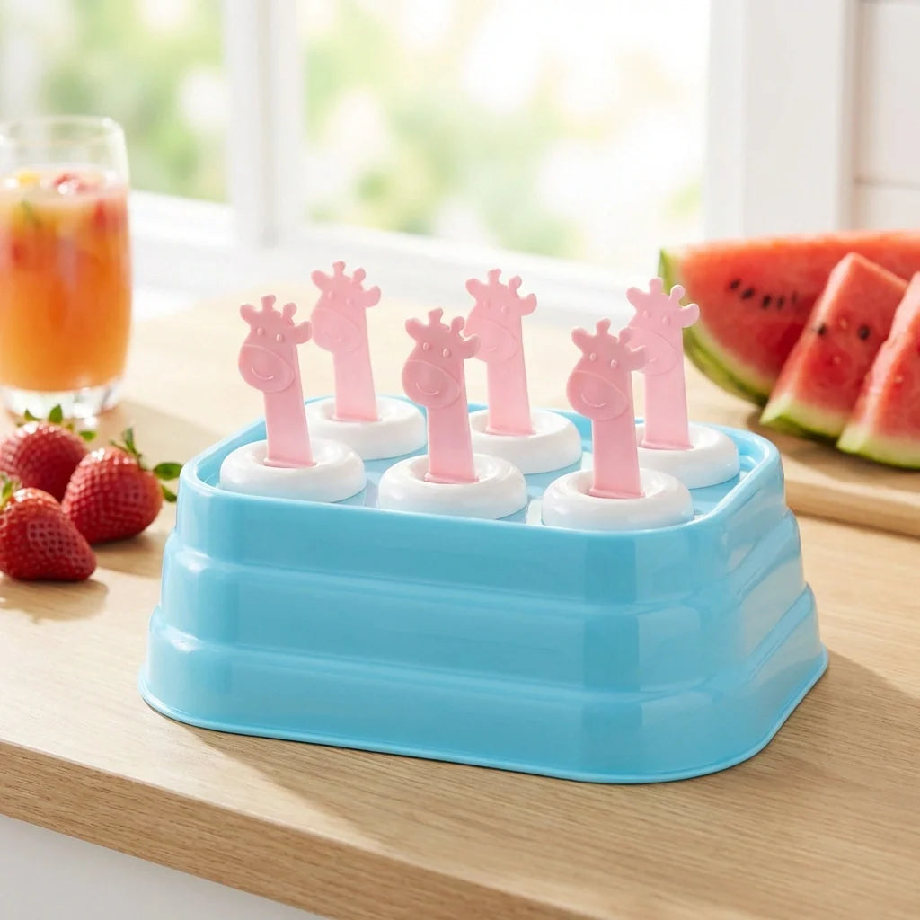 Blue silicone popsicle mold tray with giraffe-shaped forms
