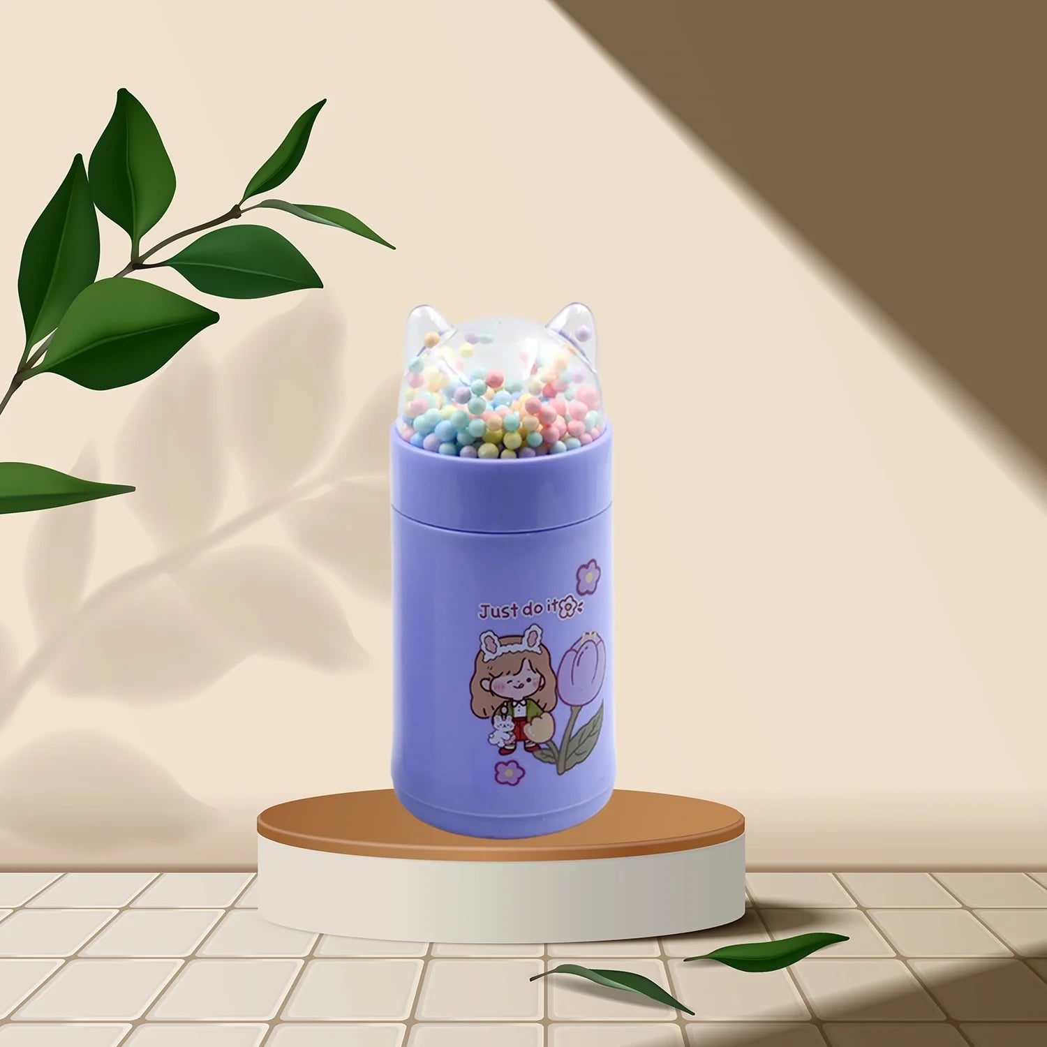 Kids purple cat glass water bottle with flip lid and bead-filled top