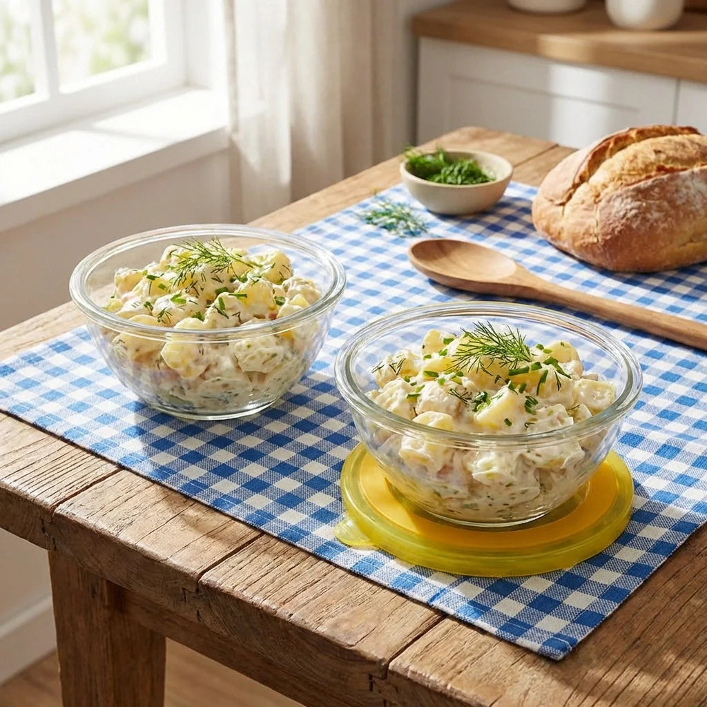 Two glass salad bowls with yellow lids on blue checkered cloth