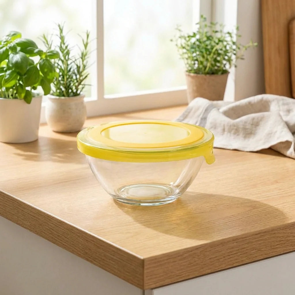 Glass mixing bowl with yellow lid on wooden table