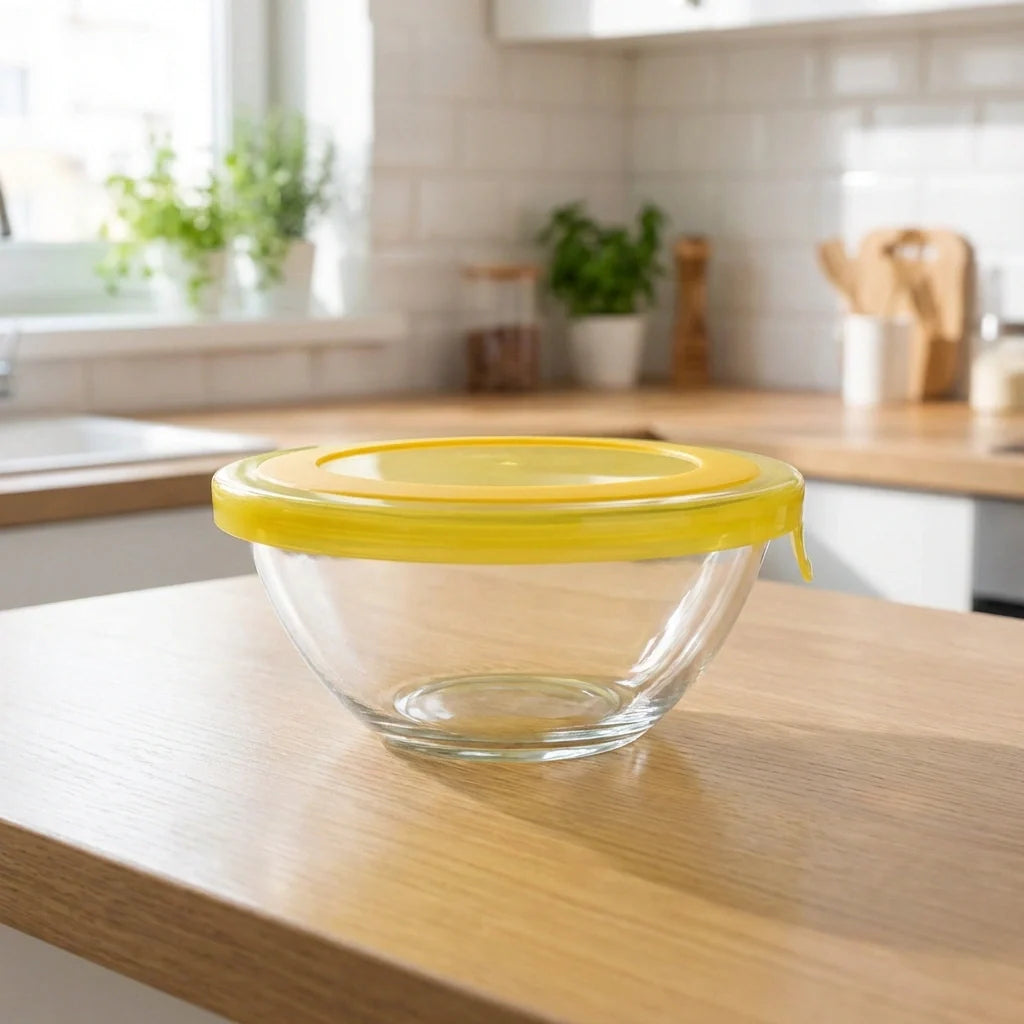 Glass mixing bowl with yellow lid on wooden countertop
