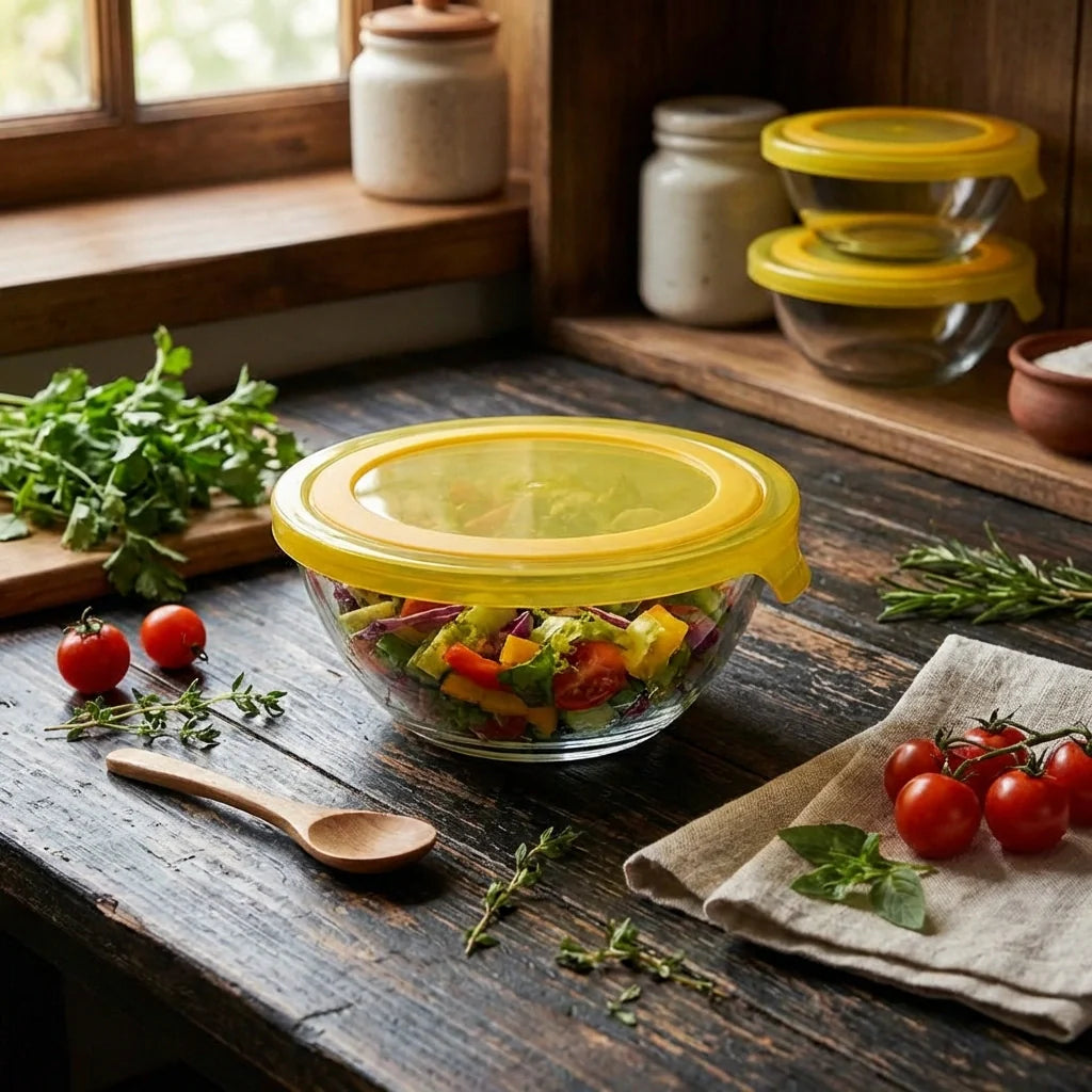 Glass mixing bowls with yellow lids, one holding chopped vegetables