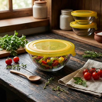 Glass mixing bowls with yellow lids, one holding chopped vegetables