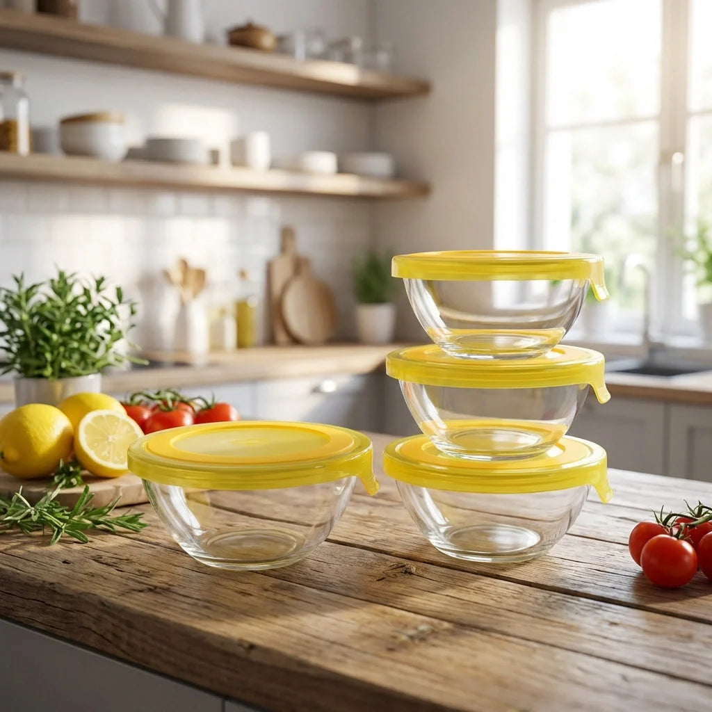 Three glass mixing bowls with yellow lids on wooden kitchen table