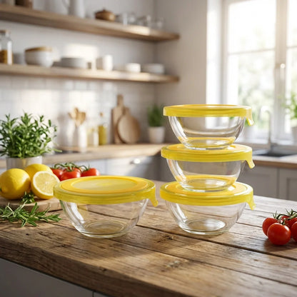 Three glass mixing bowls with yellow lids on wooden kitchen table