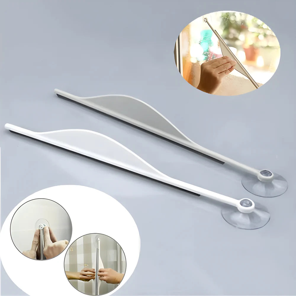 Glass cleaning squeegee with long handle and rubber blade, white/gray