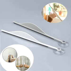 Glass cleaning squeegee with long handle and rubber blade, white/gray