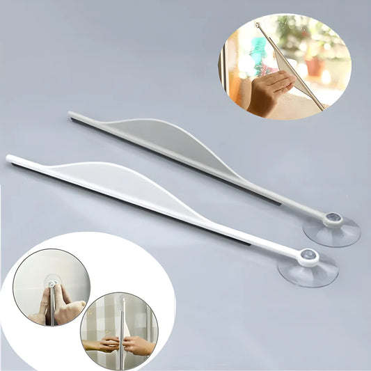 Glass cleaning squeegee with long handle and rubber blade, white/gray