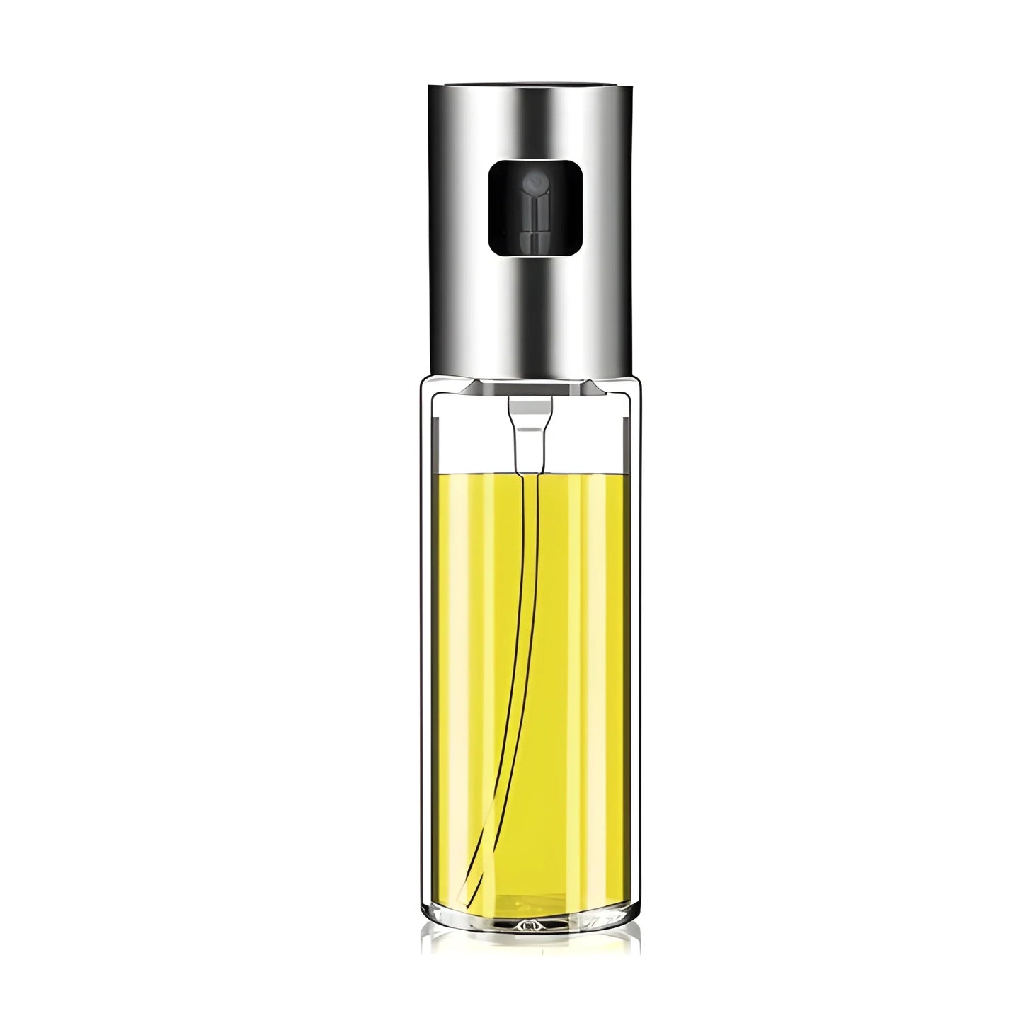 Glass oil mister with stainless steel cap and dark pump, filled with yellow oil