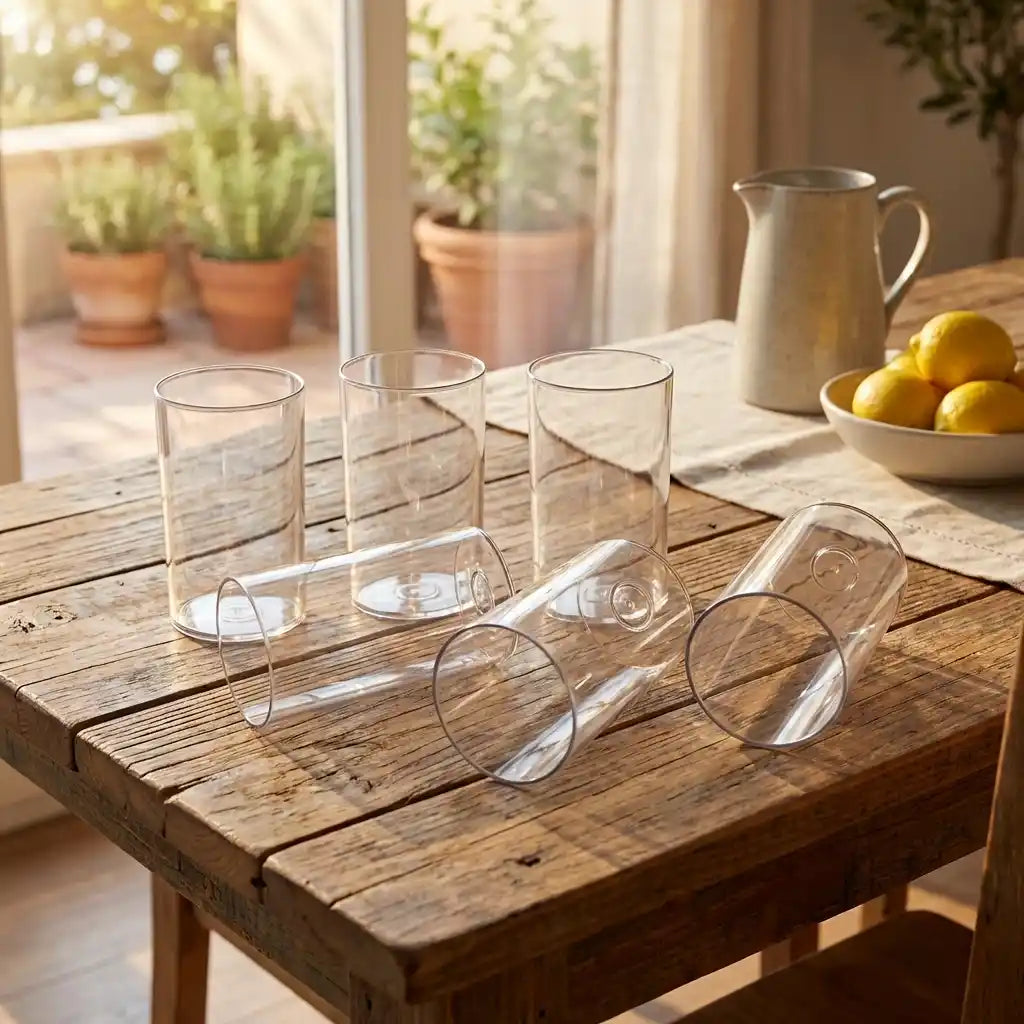 Clear glass tumbler set of six with pitcher and lemons on a serving surface