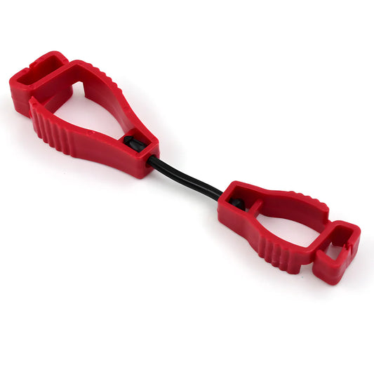 Red plastic glove clip holder with black strap and two clips