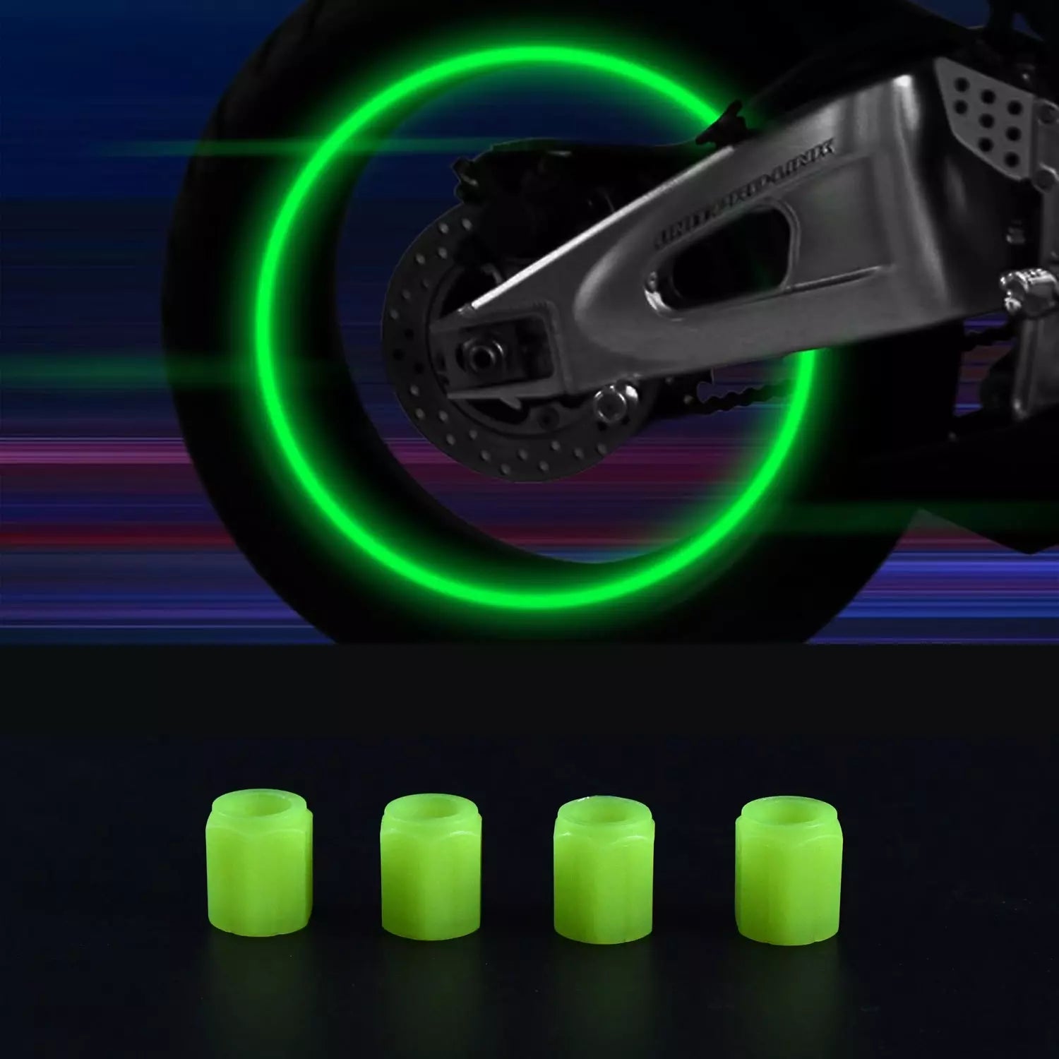 Glow-in-the-dark tire valve caps, four neon green protectors