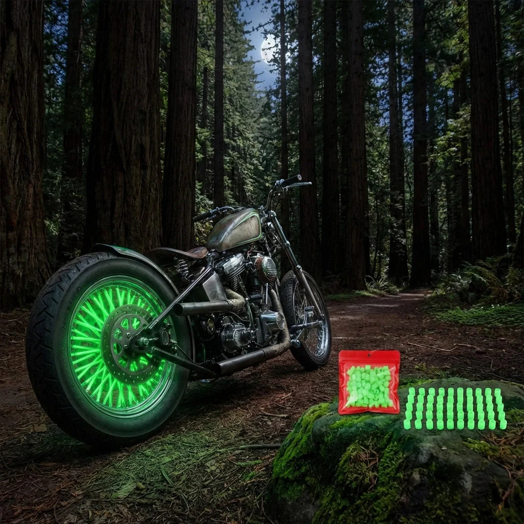 Neon green glowing wheel valve caps on a motorcycle tire