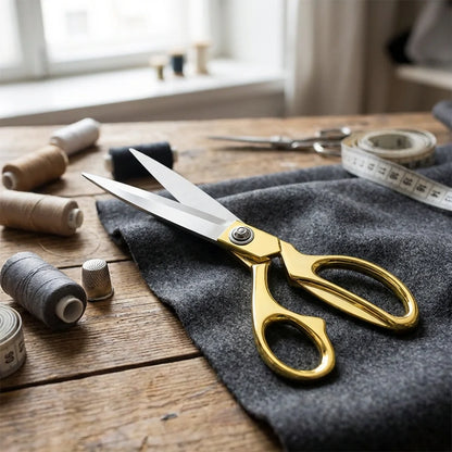 Gold fabric scissors with silver blades on gray cloth