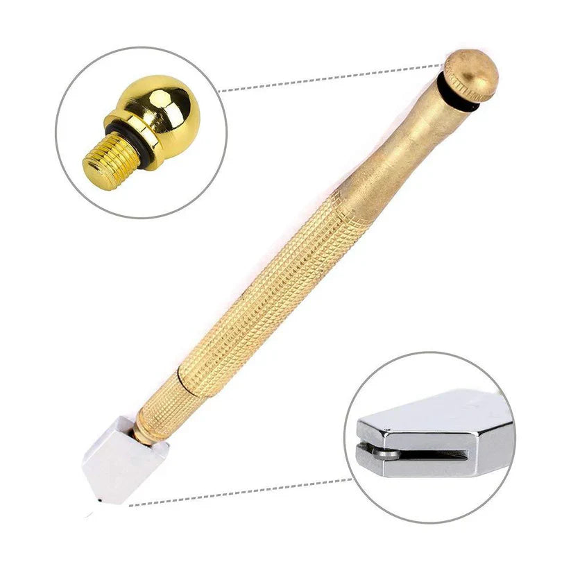 Gold metal glass cutter tool with knurled handle and pointed cutting tip