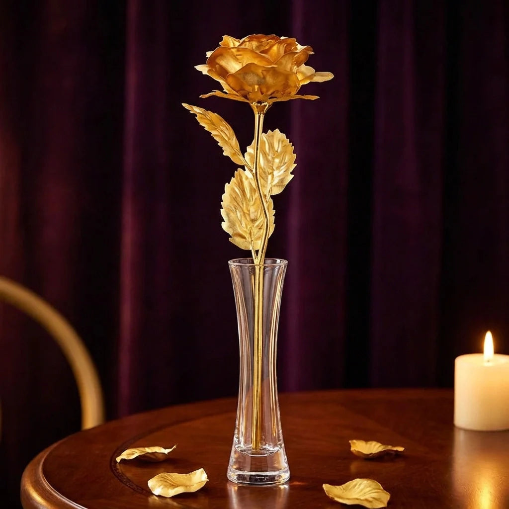 Gold plated rose in clear glass vase with gold petals