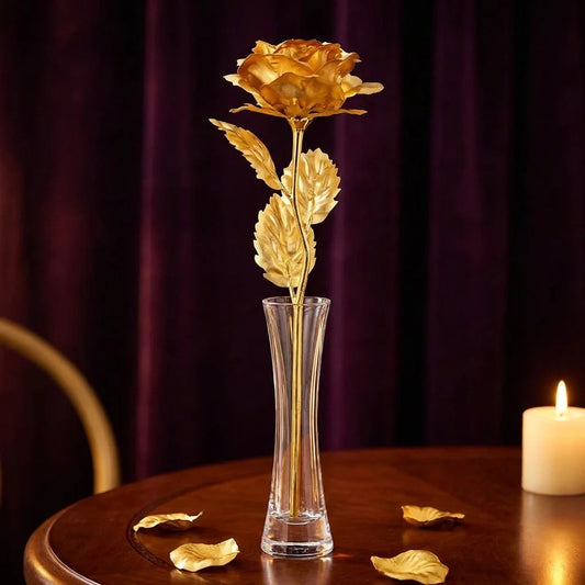 Gold plated rose in clear glass vase with gold petals