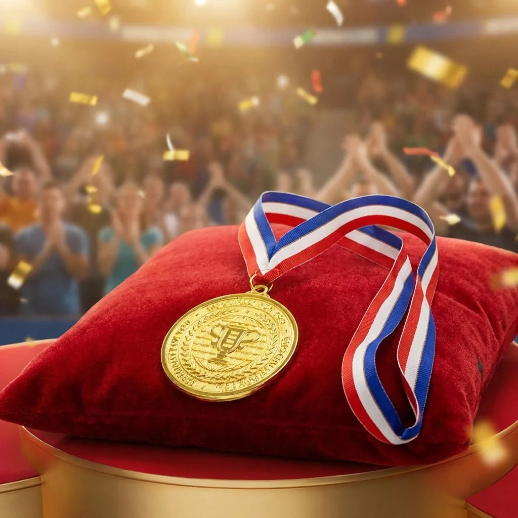 Gold winner medal with gold face and red-white-blue ribbon on red velvet cushion
