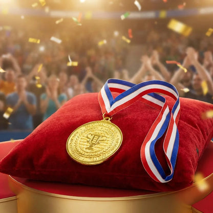 Gold winner medal with gold face and red-white-blue ribbon on red velvet cushion