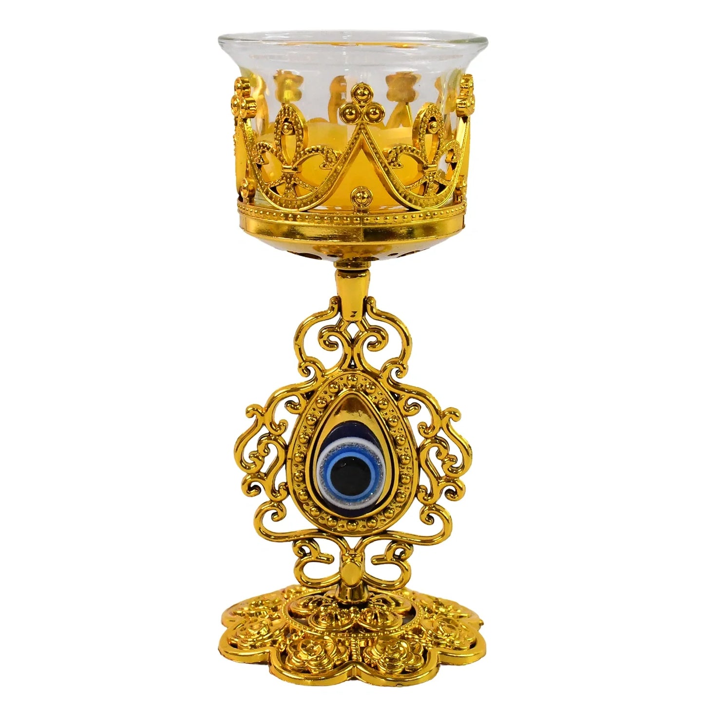 Ornate golden candle holder with floral cup and blue teardrop centerpiece