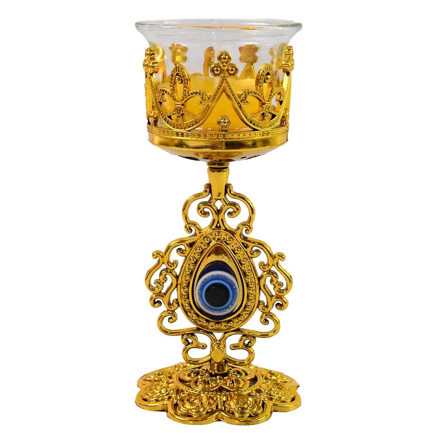 Ornate golden candle holder with floral cup and blue teardrop centerpiece