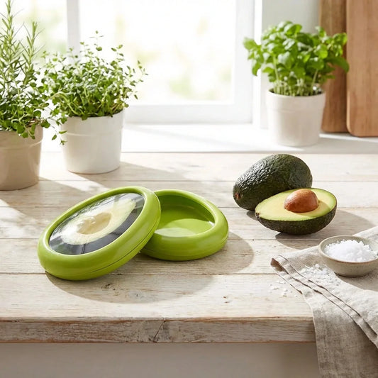 Green oval fruit and vegetable storage box with open lid and avocado halves.