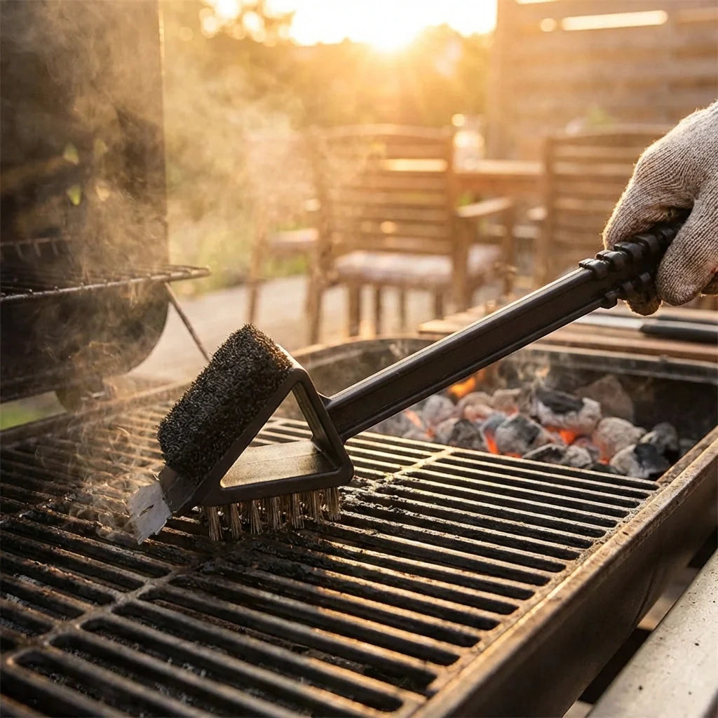Grill cleaning brush with long handle and angled scrub head with stiff bristles
